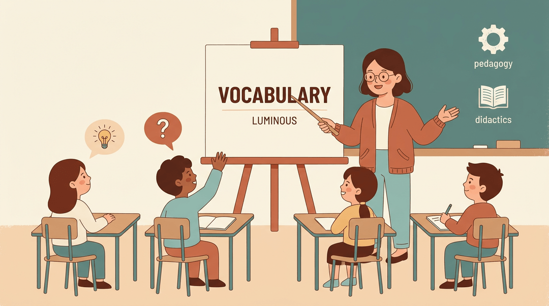 A teacher points to a vocabulary card while attentive sixth-grade students listen in a cozy classroom.