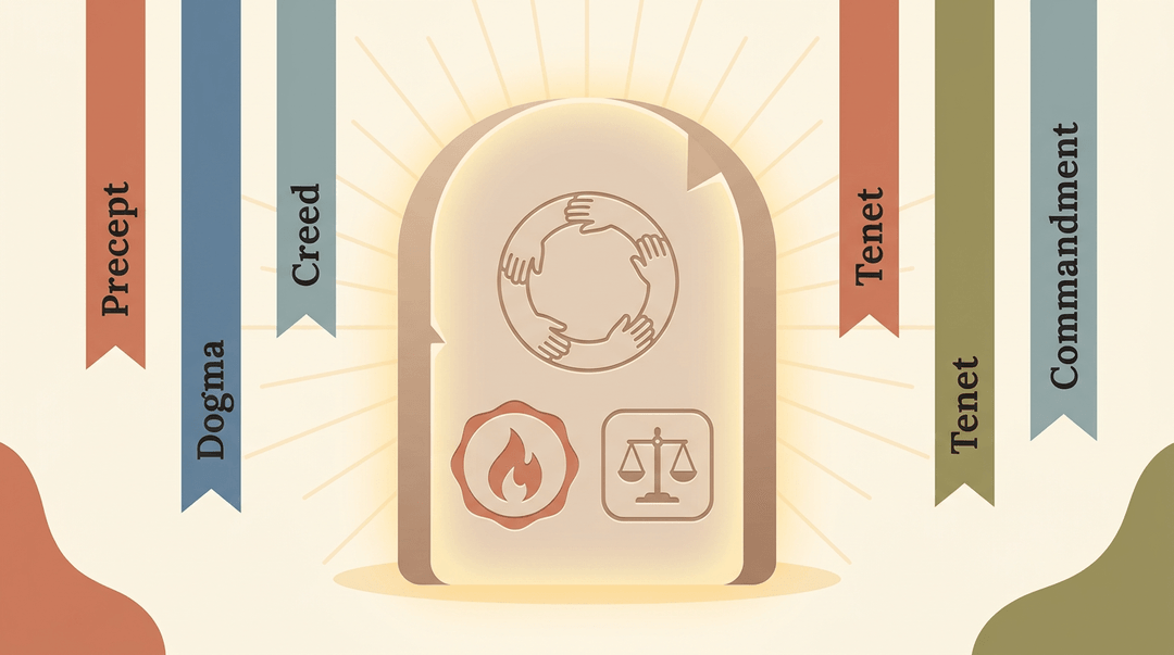 A glowing tablet displays symbols of the Golden Rule, faith, and justice, surrounded by banners labeled Precept, Dogma, Creed, Tenet, and Commandment.