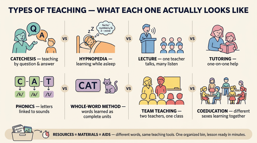 An infographic comparing teaching methods like catechesis, lecture, phonics, and team teaching with contrasting visuals.