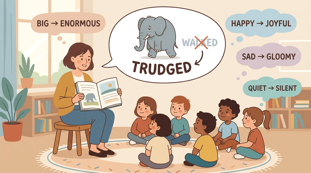 Teacher reads to children in a cozy corner, highlighting the word 'trudged' and synonym pairs like 'big to enormous'.