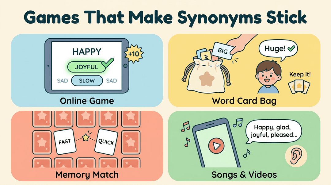 Four colorful panels illustrate synonym games: online quizzes, word cards, memory matching, and songs for learning.