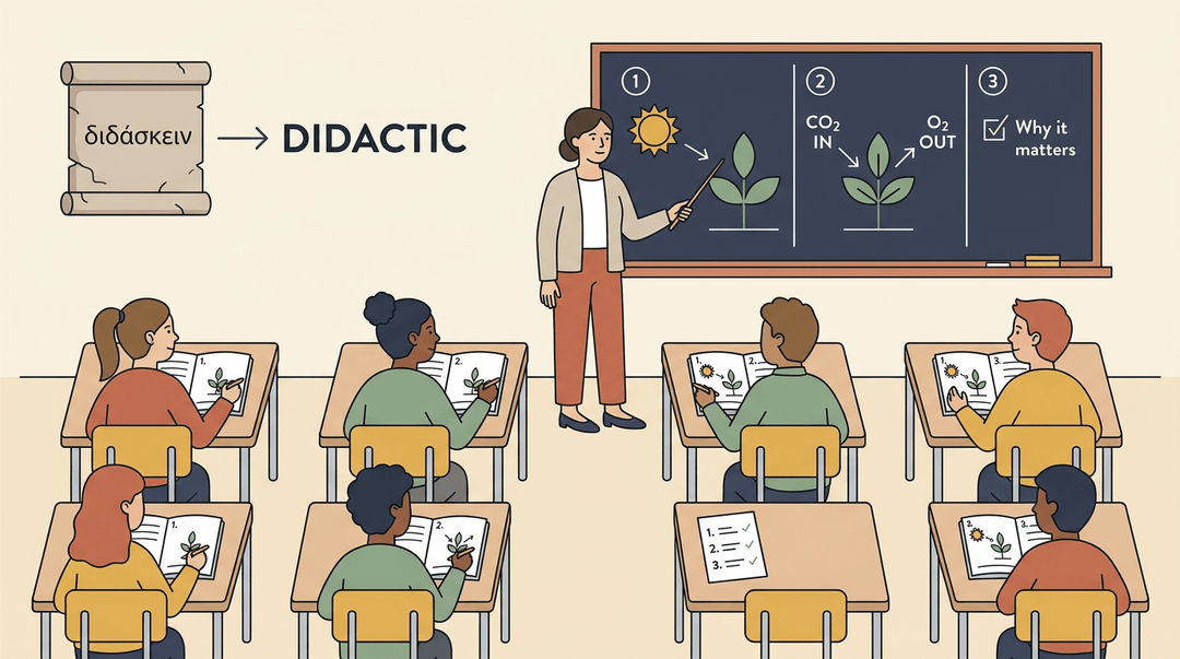 A teacher explains photosynthesis steps on a chalkboard while diverse students take orderly notes in a structured science classroom.