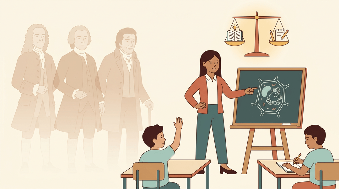 A female science teacher points to a plant cell diagram while historical educators and a balance scale of learning float behind her.