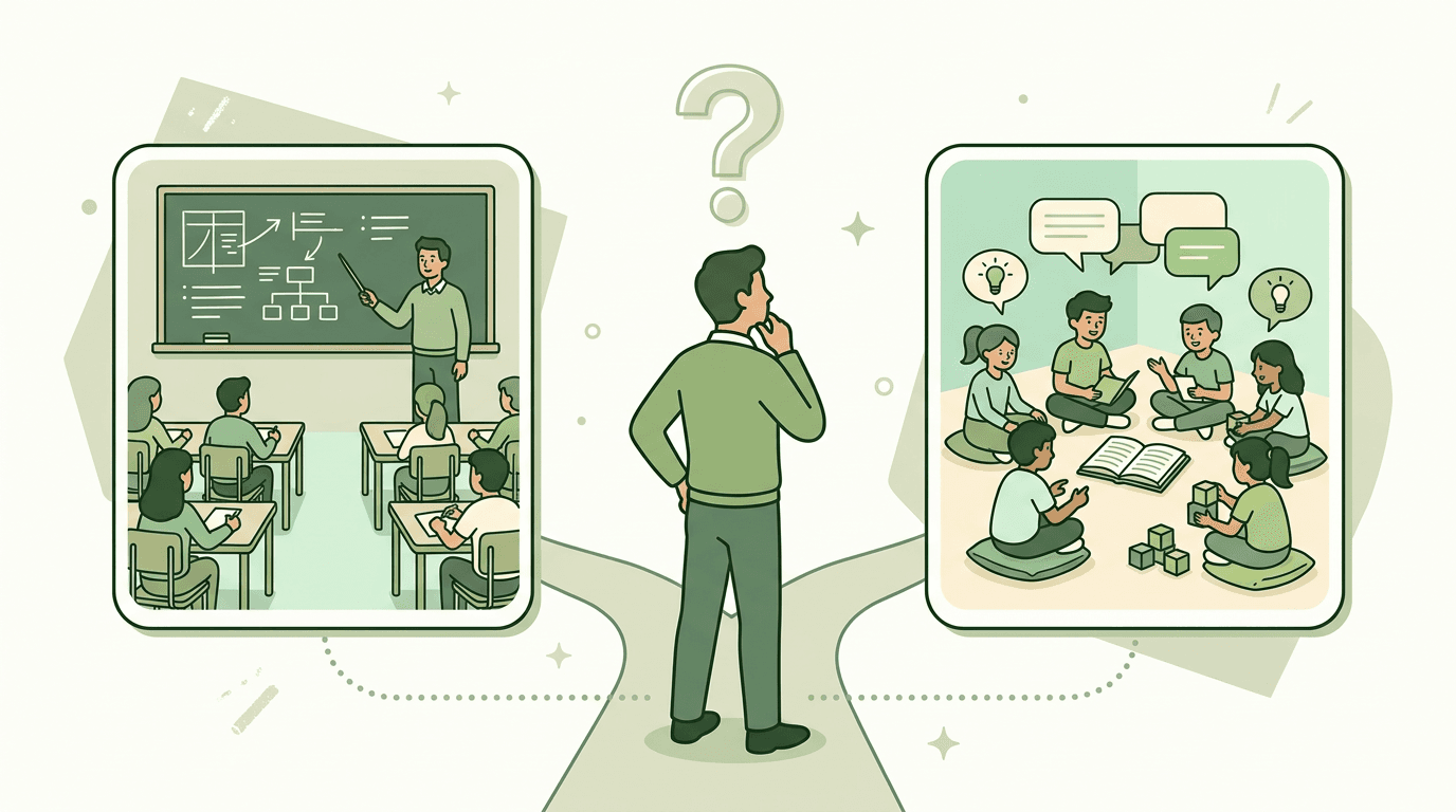 A teacher at a forked path chooses between traditional lecturing and student-centered collaboration.