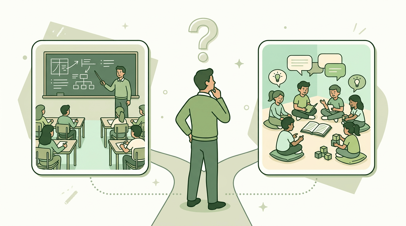 A teacher at a forked path chooses between traditional lecturing and student-centered collaboration.