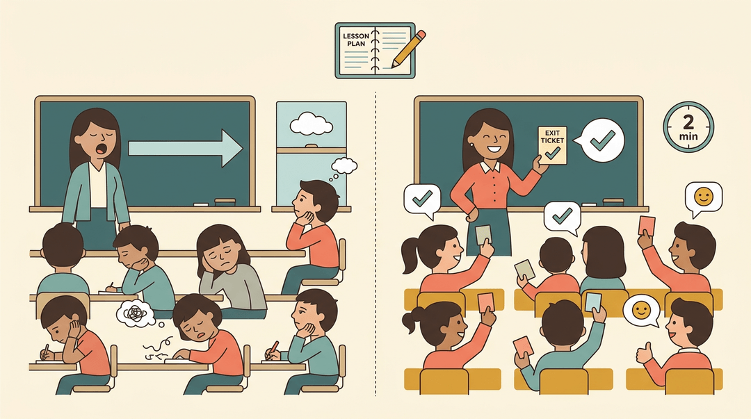 Two panels contrast passive lecture with active exit tickets, showing disengaged students versus engaged interaction.