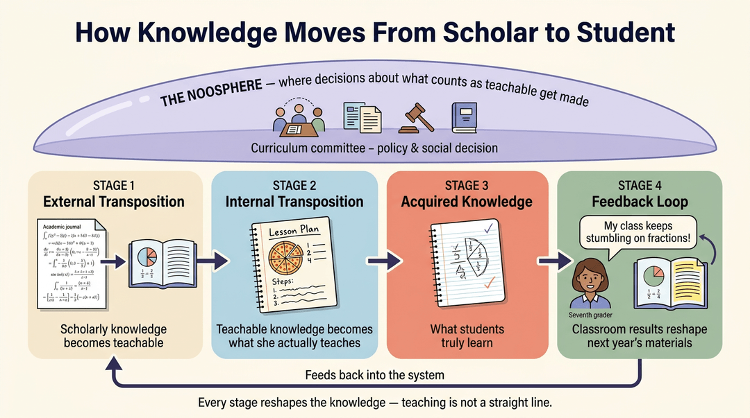 Diagram showing how knowledge transforms from academic research to classroom teaching through four stages, including a feedback loop.