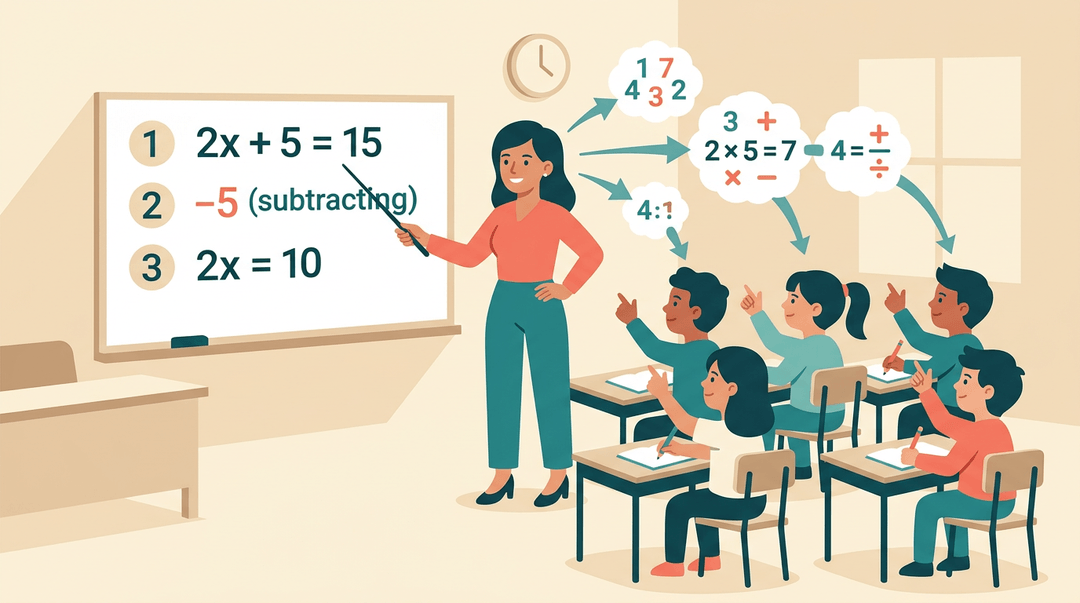 A teacher demonstrates numbered math steps on a whiteboard while students mimic her gestures.