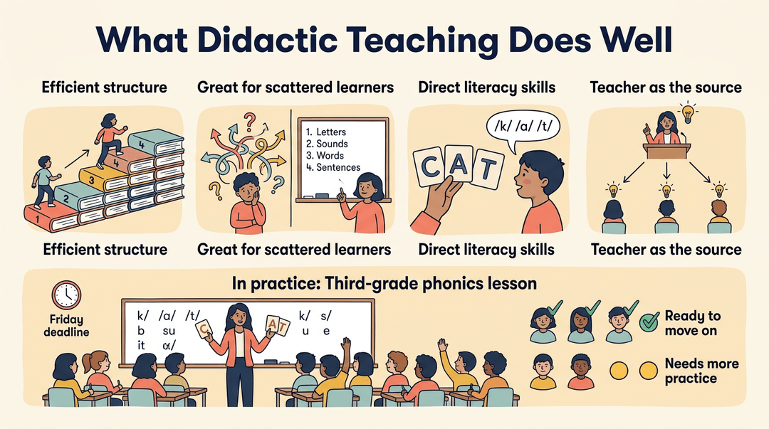 Infographic showing four strengths of didactic teaching: efficient structure, support for scattered learners, direct literacy skills, and teacher-led instruction.