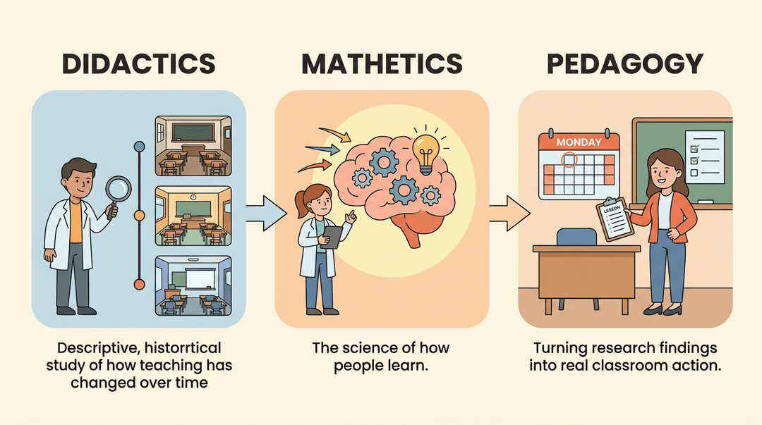 Infographic showing Didactics, Mathetics, and Pedagogy as a flow from studying teaching history to learning science to classroom practice.