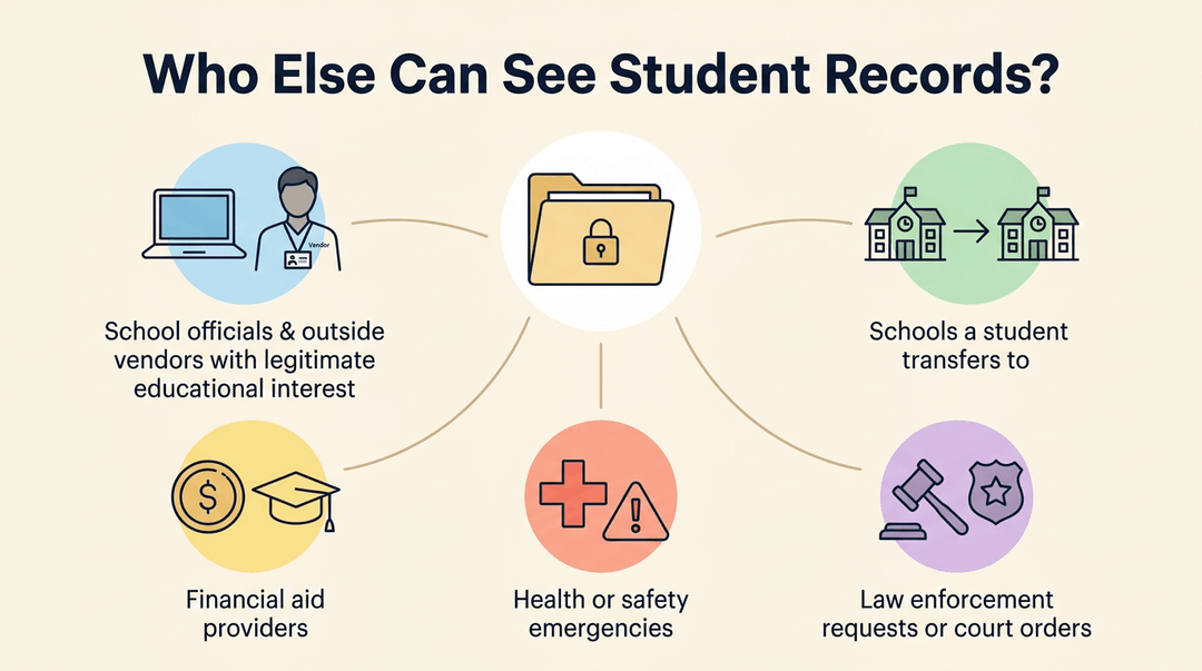 Diagram showing who can access student records, including vendors, transferring schools, financial aid, emergencies, and law enforcement.