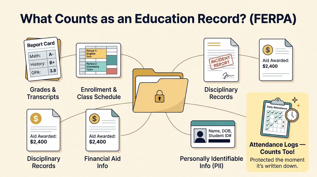 Infographic showing a manila folder connected to six cards illustrating FERPA education records: grades, schedules, discipline, financial aid, PII, and attendance.