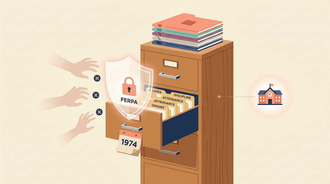Filing cabinet with folders protected by a FERPA shield, showing federal privacy laws as a foundation for state-level school data security.