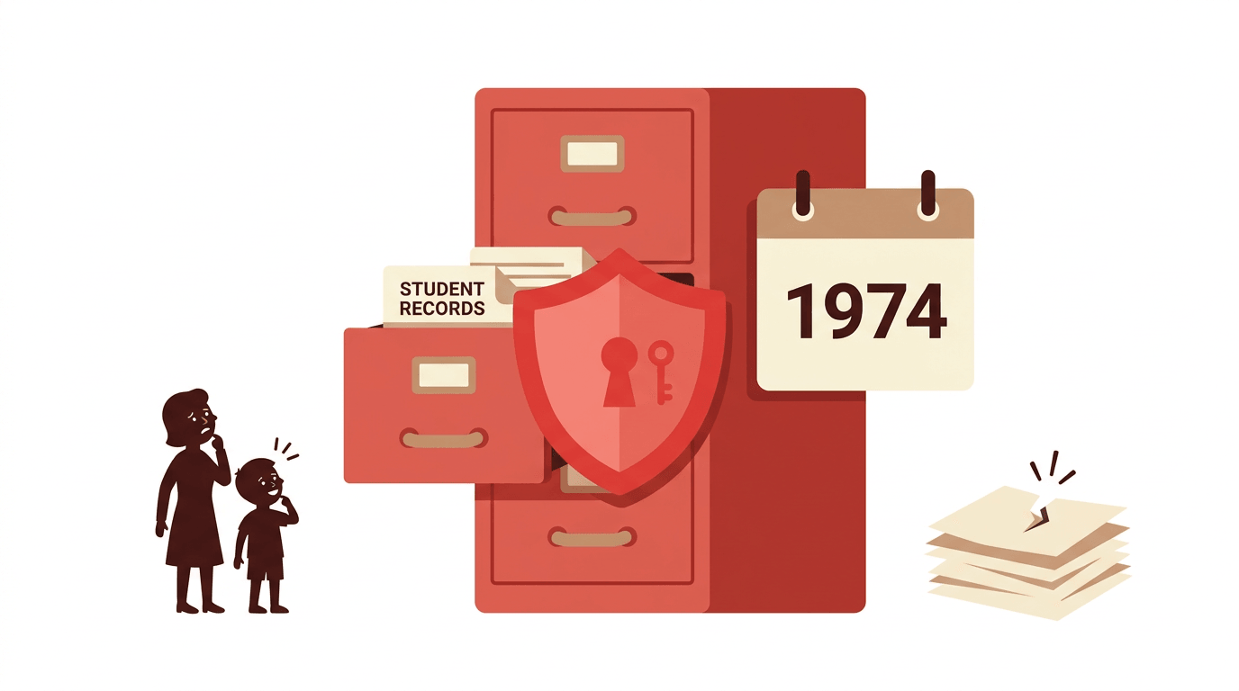 Shielded filing cabinet labeled Student Records stands beside a 1974 calendar, symbolizing the birth of student privacy laws.