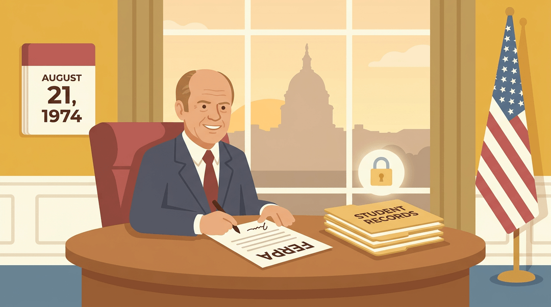 Gerald Ford signs the FERPA document at his desk, with a padlock symbolizing student privacy protection and a calendar showing August 21, 1974.