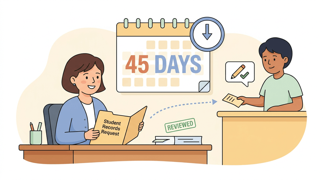 Administrator reviews student records within a 45-day window while a parent submits a request slip at the counter.