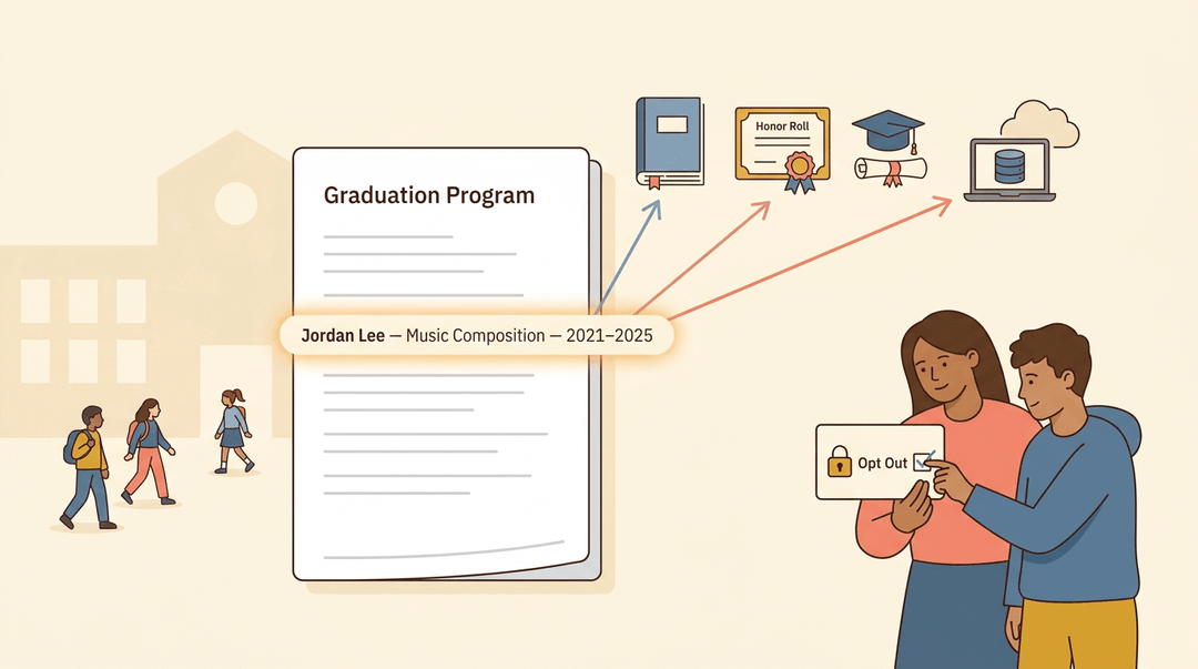 Graduation program data spreads to vendors and school records, while a parent and student opt out to protect privacy.