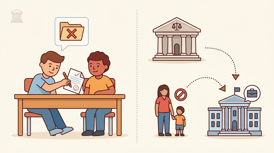 Split illustration shows students exchanging a graded paper on the left and a courthouse arrow pointing to a government building on the right.