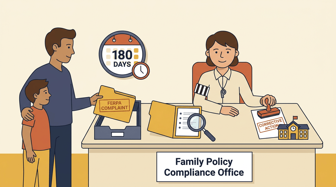 FERPA complaint process: parent and student file a complaint, triggering an 180-day review and potential corrective action by the compliance office.