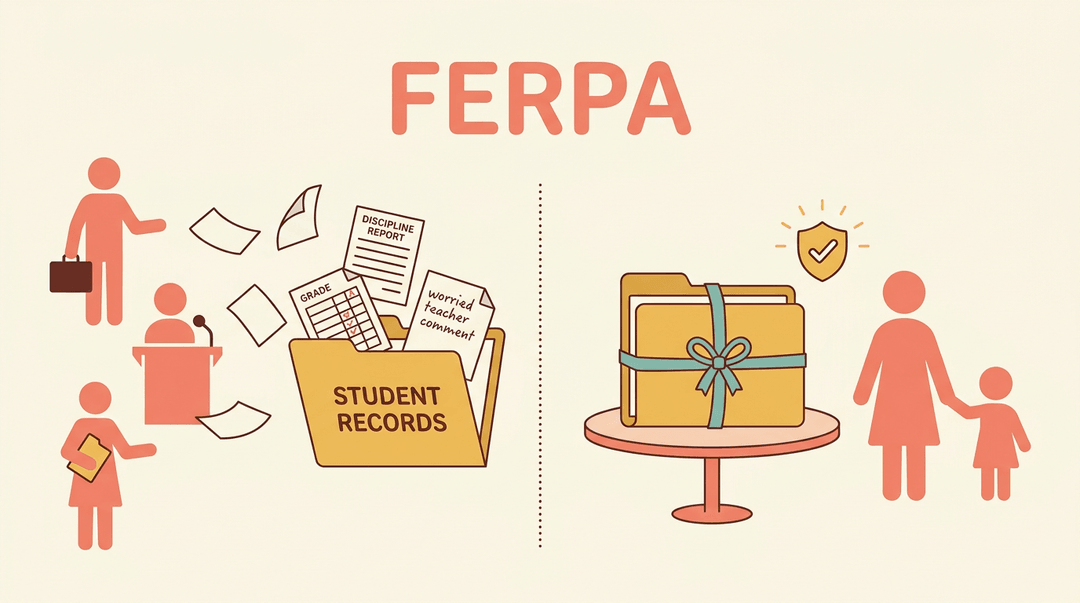 A split illustration contrasts chaotic student records flying to strangers with protected files held securely by a parent, labeled FERPA.