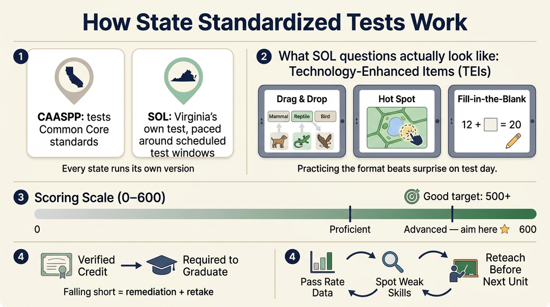 Infographic explaining state tests like CAASPP and SOL, featuring TEI examples, a 0-600 scoring scale, and credit/feedback pathways.