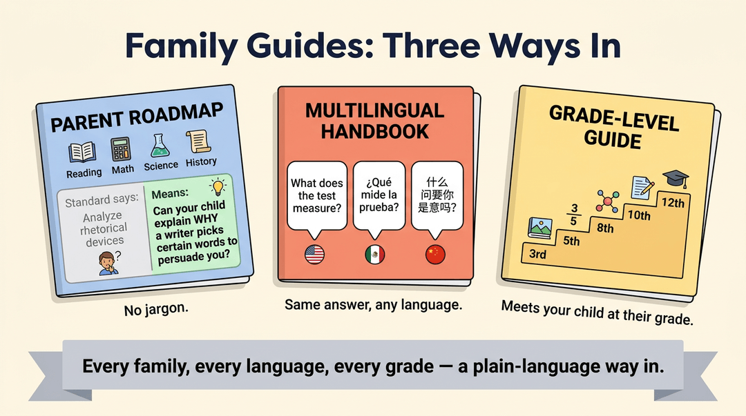 Three illustrated guides for parents: a jargon-free roadmap, multilingual handbook, and grade-level guide.