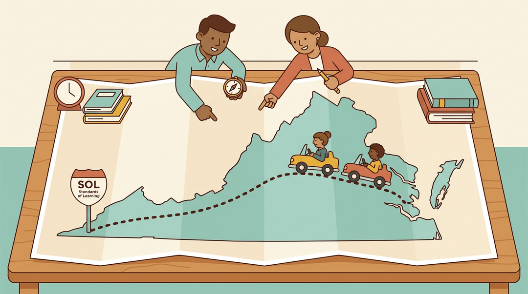 Teachers guide students along a Virginia map route toward SOL standards, surrounded by books and compass.