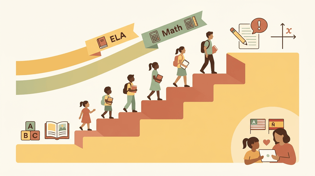 Staircase showing K-12 growth with ELA and Math icons, featuring bilingual support for families.