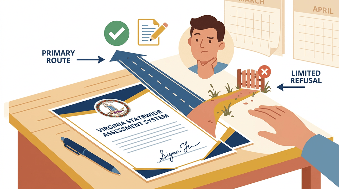 A document with Virginia's seal shows a main road to testing and a narrow side path, illustrating limited opt-out options for parents.