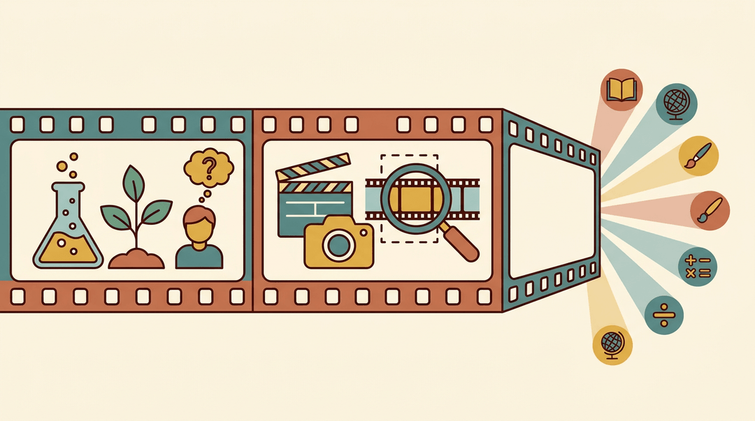 A filmstrip illustrates science, media studies, and cross-curricular learning through icons of beakers, cameras, and books.