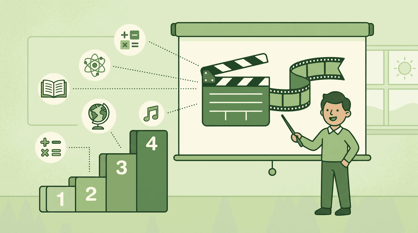 Teacher points to a projector screen showing film clips, with subject icons branching from a numbered staircase lesson plan.