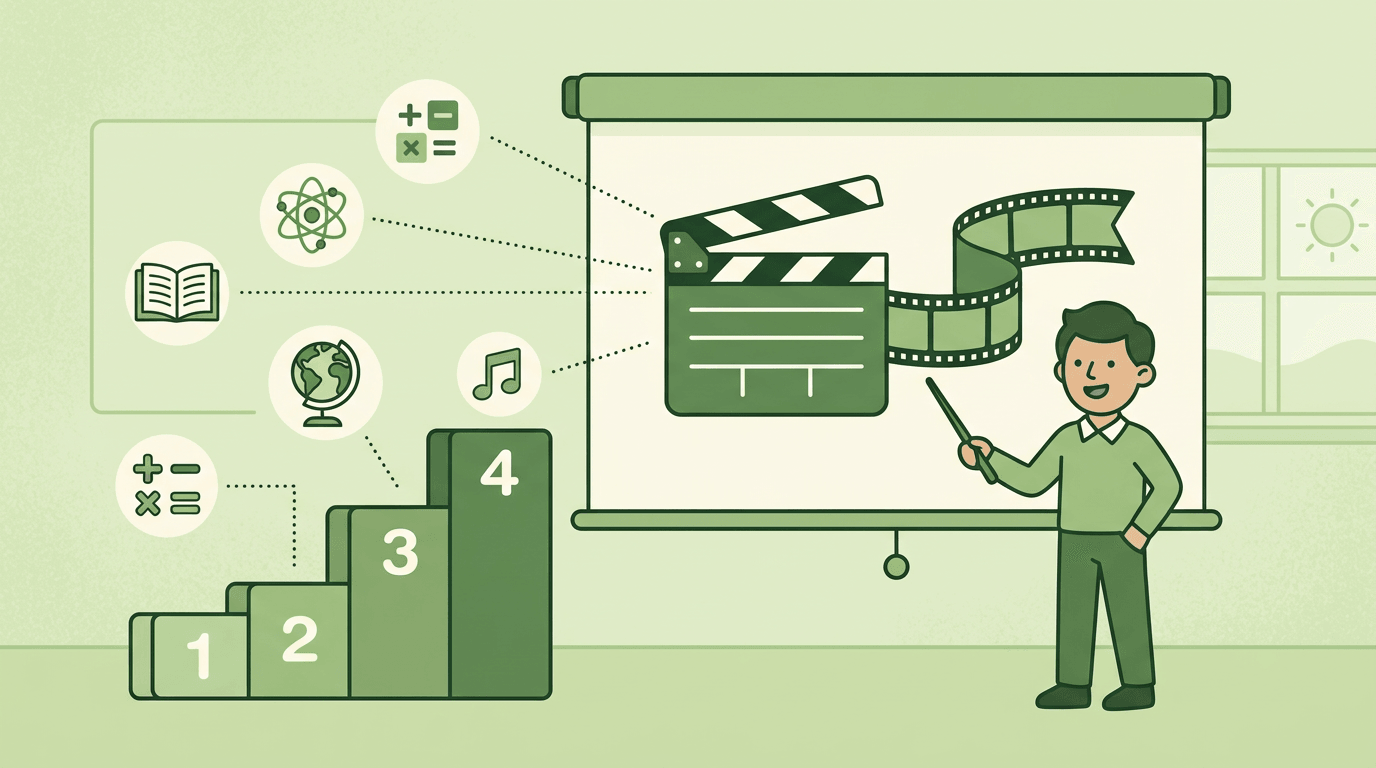 Teacher points to a projector screen showing film clips, with subject icons branching from a numbered staircase lesson plan.