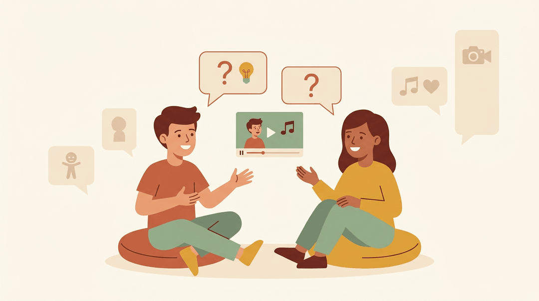 Two students discuss a video clip using hand gestures and speech bubbles, with faint grade-level icons in the background.