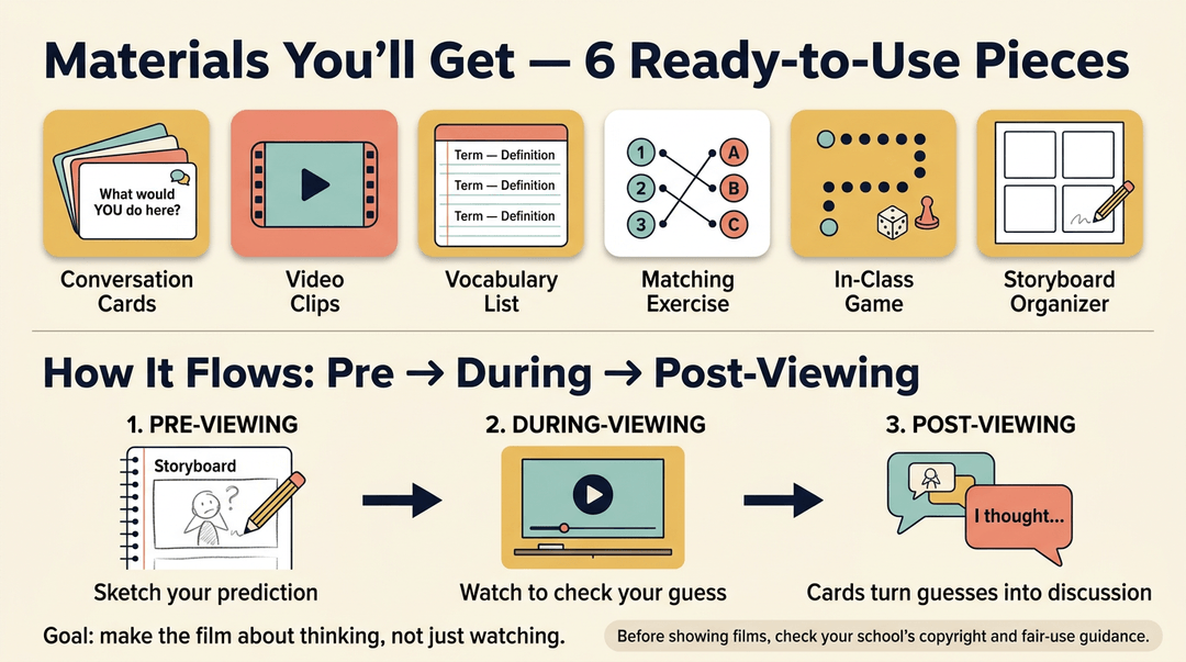 Infographic showing six teaching materials and a three-step video lesson flow for 7th-grade history.