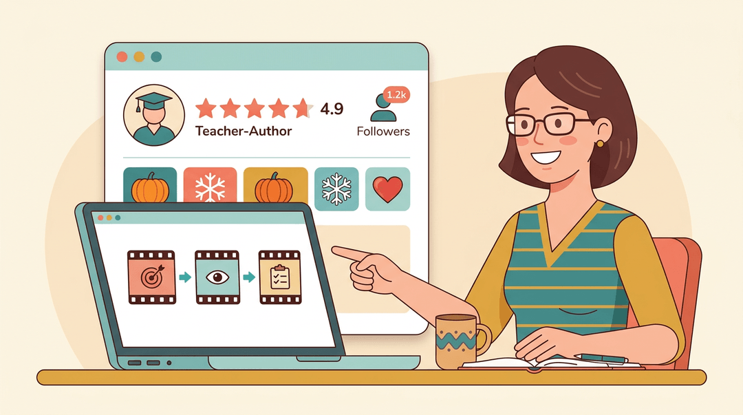 A teacher smiles at a laptop displaying a digital lesson store with ratings and structured lesson flow icons.