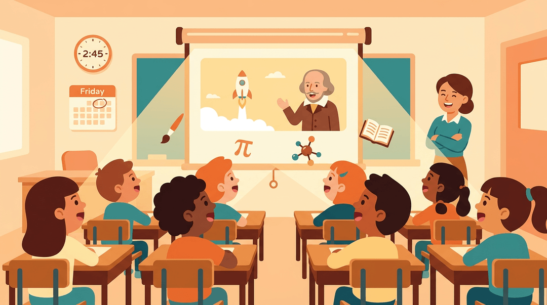 Diverse students lean forward in fascination watching an educational film on a projector screen, while a proud teacher observes from the side.