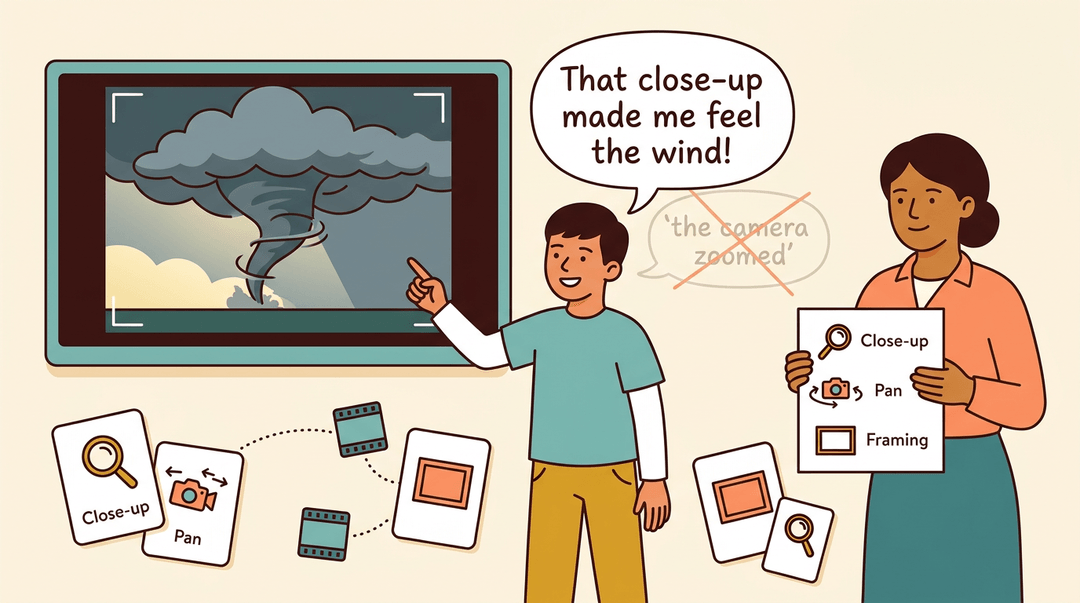 A student points to a storm cloud on screen, using precise film vocabulary while flashcards and icons reinforce the lesson.