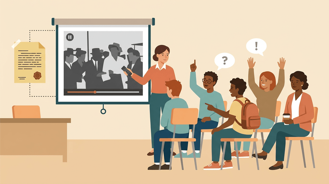 Diverse students and a teacher discuss a paused documentary alongside a primary source document in a warm classroom.