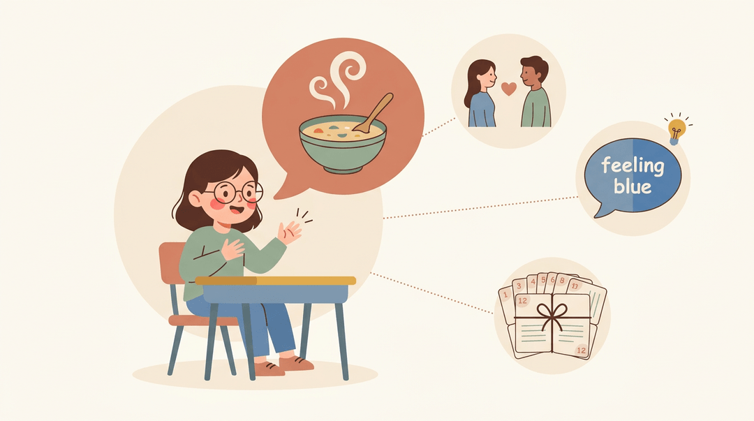 A student shares a story of soup while floating icons illustrate themes of love, idioms, and lesson bundles.