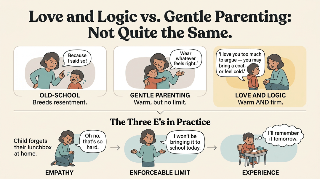 Infographic comparing Love and Logic to other parenting styles using a child refusing a coat and forgetting lunch as examples.