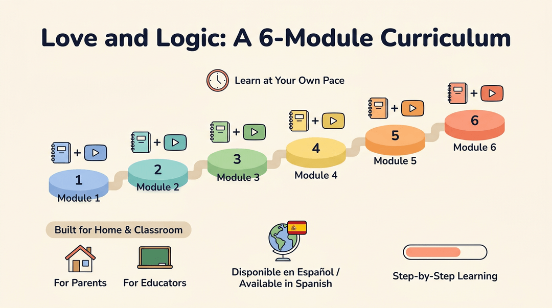 Infographic showing a 6-module Love and Logic curriculum path with workbook and video icons, highlighting self-paced learning for parents and educators in Spanish.