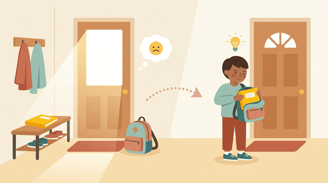 A split illustration shows a forgotten homework folder on the left and a child packing it into a backpack on the right, illustrating growing accountability.