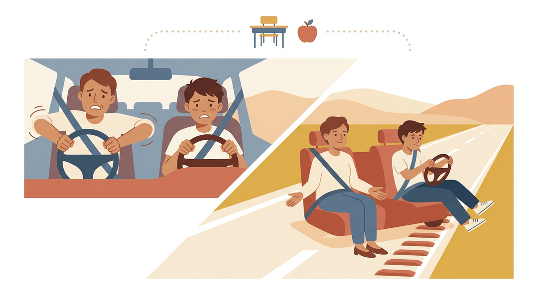 A split illustration contrasts tense driving with calm guidance, linking the lesson to teaching via a desk and apple icon.