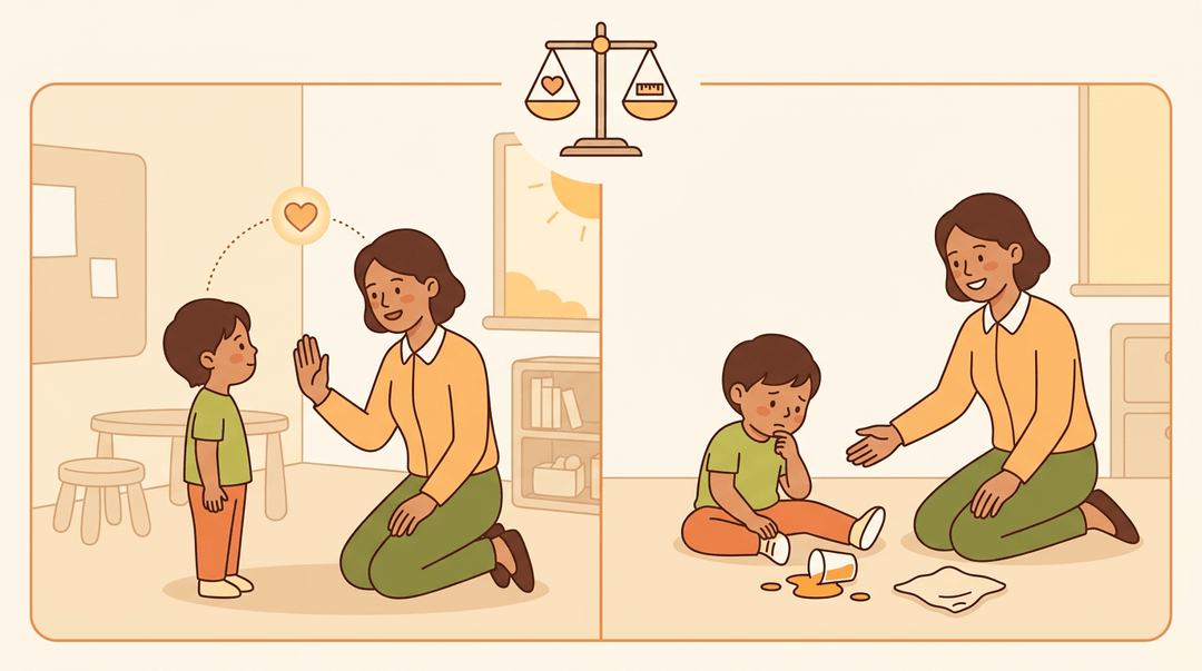 Teacher guides child to clean a spill with empathy, balancing love and limits in a warm classroom.