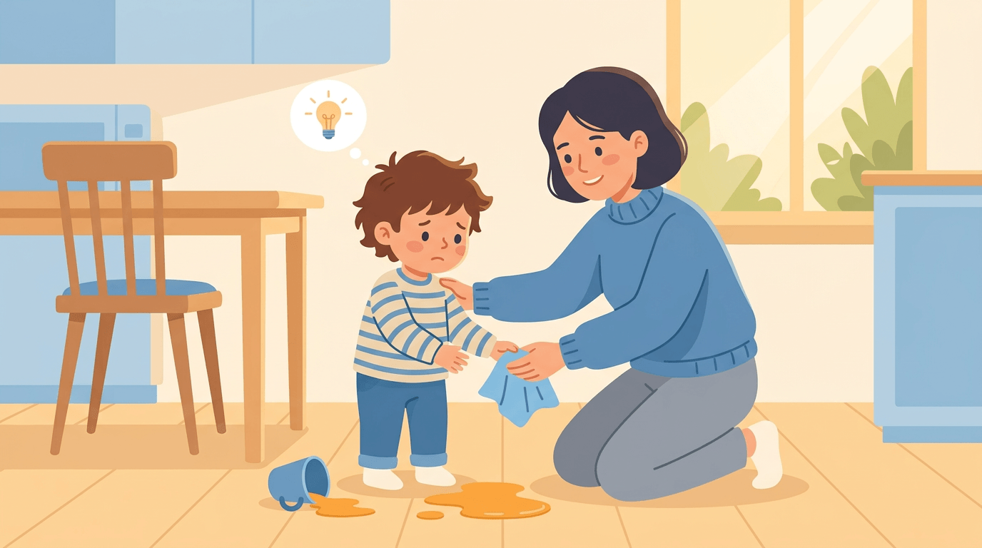 Parent and child clean up a juice spill together with patience and encouragement.