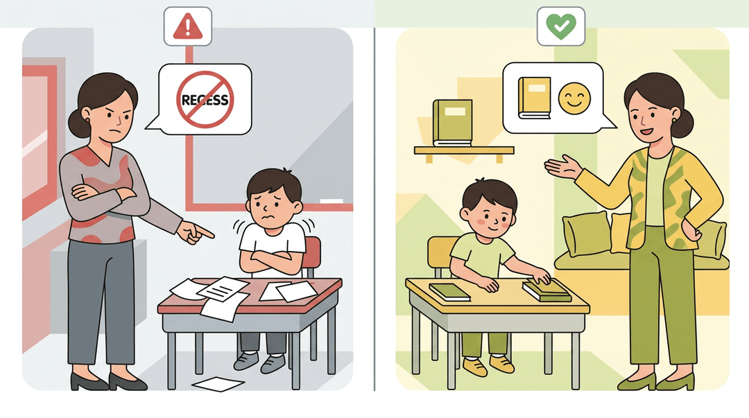Contrasting panels show a stern teacher with a worried student versus a supportive teacher and calm student in a cozy reading corner.