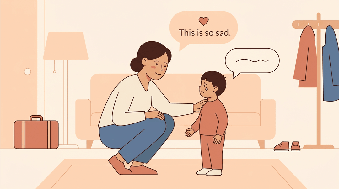 Adult comforts upset child at eye level in a room with a suitcase, showing empathy and calm.