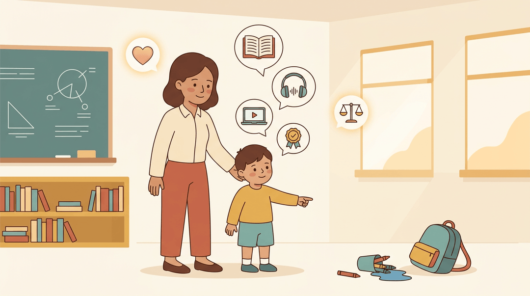 A calm teacher guides a student to clean up a spill, surrounded by icons of learning resources and empathy.