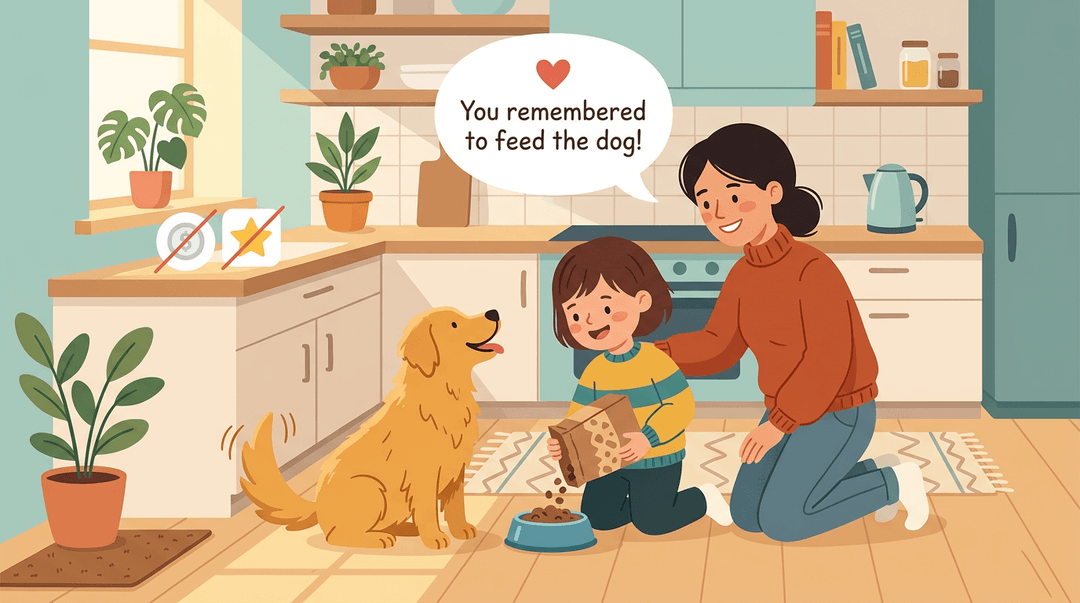 A parent praises a child for feeding the dog without rewards, emphasizing intrinsic motivation.