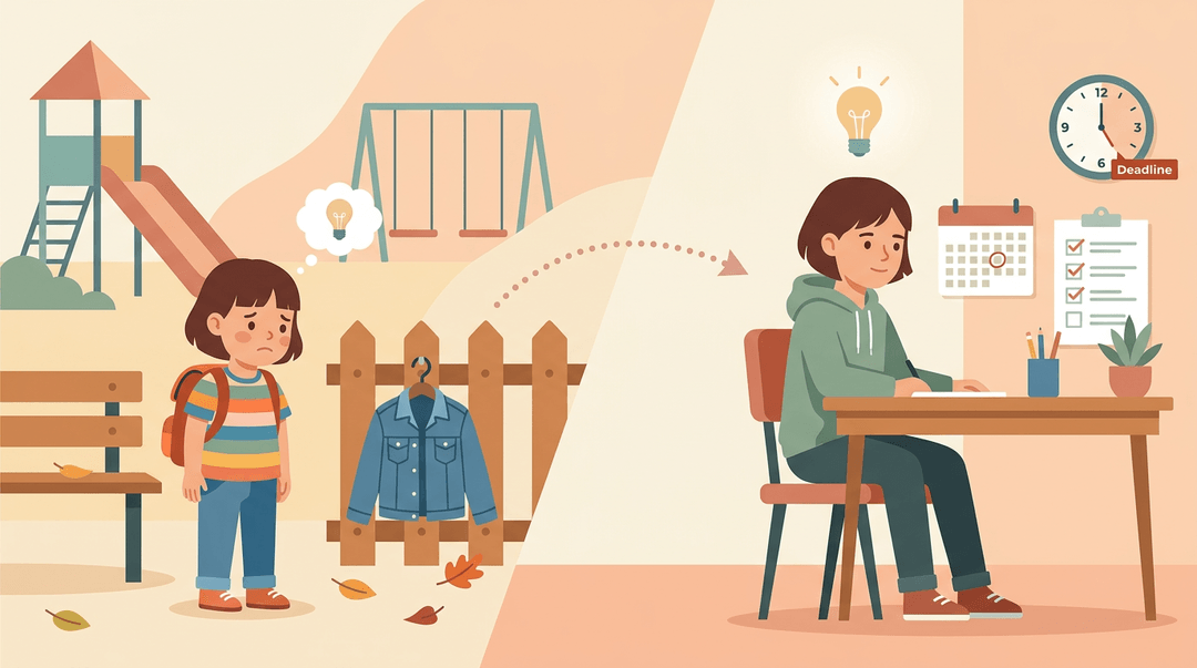 A child learning responsibility grows into a teen managing deadlines, showing that lessons endure through life stages.